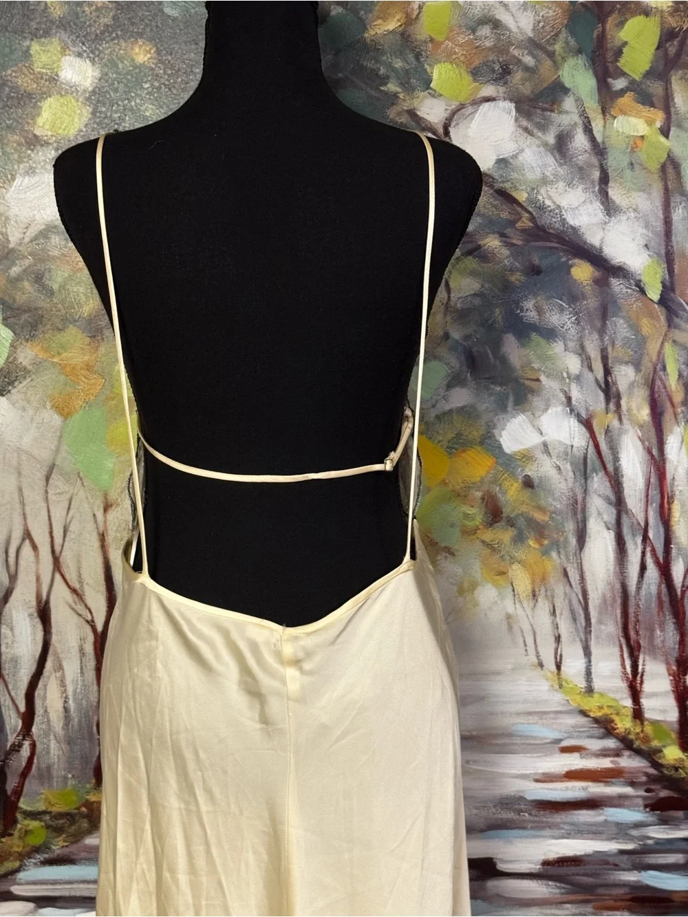 Mango MNG Selection Lace Satin Slip Dress Ivory Black Midi Size L NWT